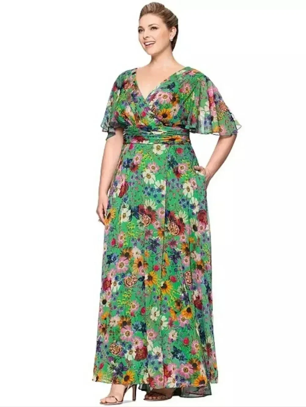 NWT Betsy & Adam Green Plus Size Floral-Print Flutter-Sleeve A-Line Dress 20 20W